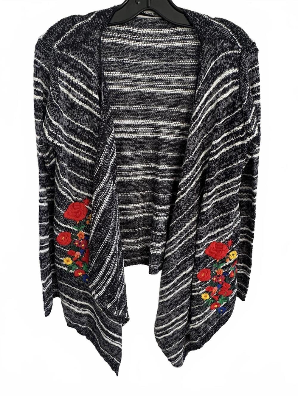 Desigual Patricia Flat Black and White Striped Cardigan Embroidery - M